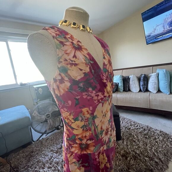 Covington Womans Babydoll Maxi Dress Pink Multi Floral Sleeveless Sheer Fairy 14 - Picture 12 of 16